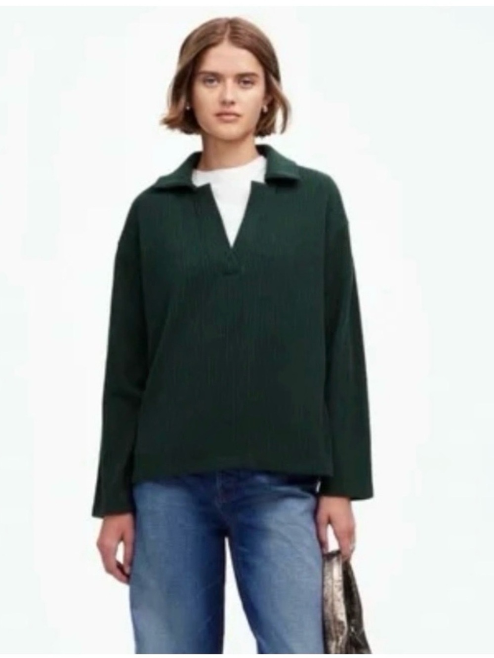 Madewell Dark Green Ribbed Long Sleeve Polo Sweater